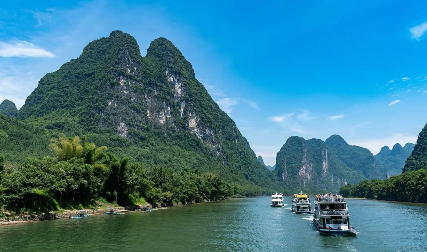 Bright Li River scenery with karst mountains near Guilin