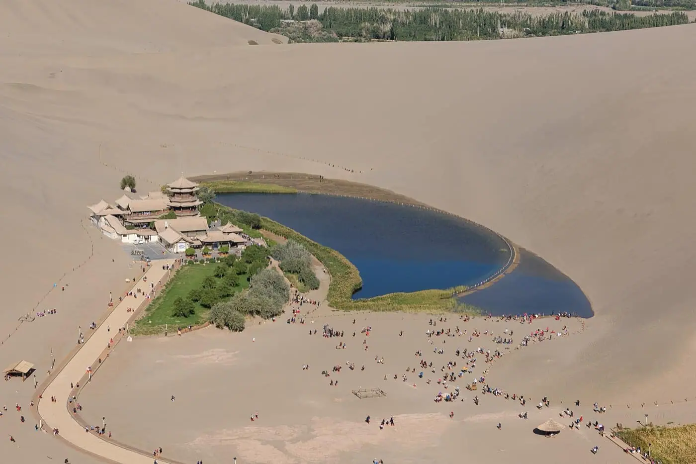 Crescent Lake and desert dunes in Dunhuang