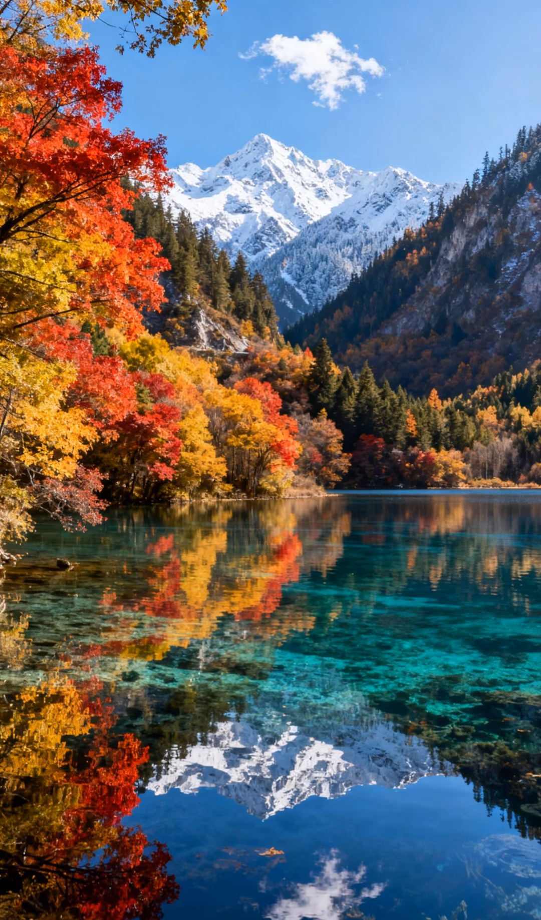 Autumn forest, turquoise lake and snow-covered mountains in Jiuzhaigou, China